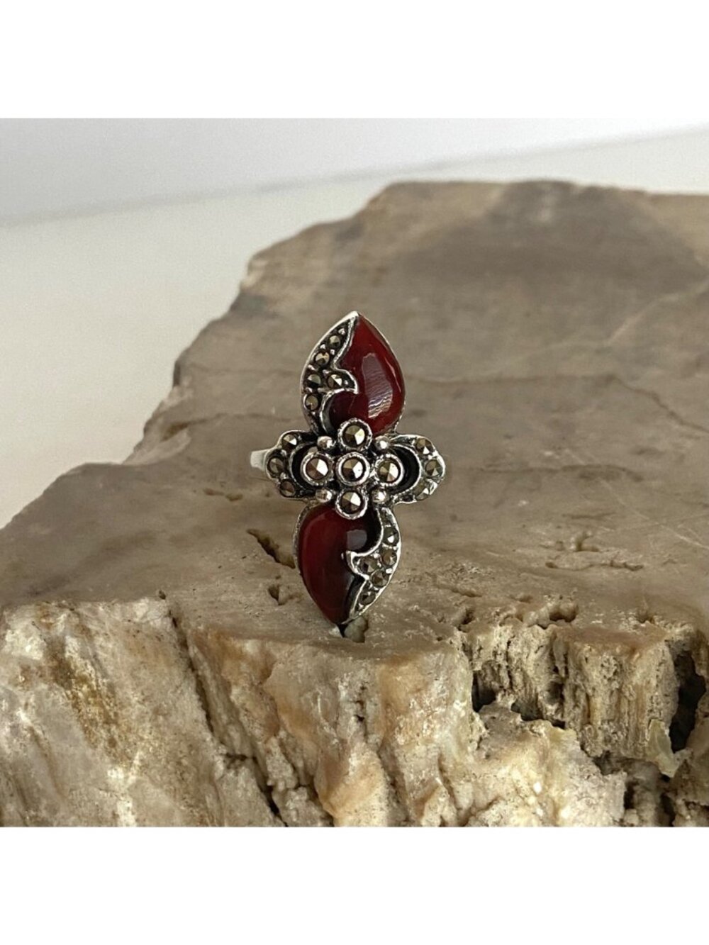 Sterling Silver 925 Art Deco Style Marcasite Teardrop Red Glass Ring Sz 5.75 - Picture 15 of 16